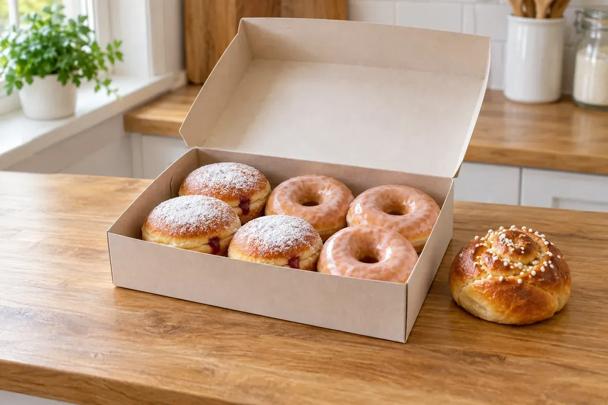 Glazed doughnuts in an open paper box beside a pastry