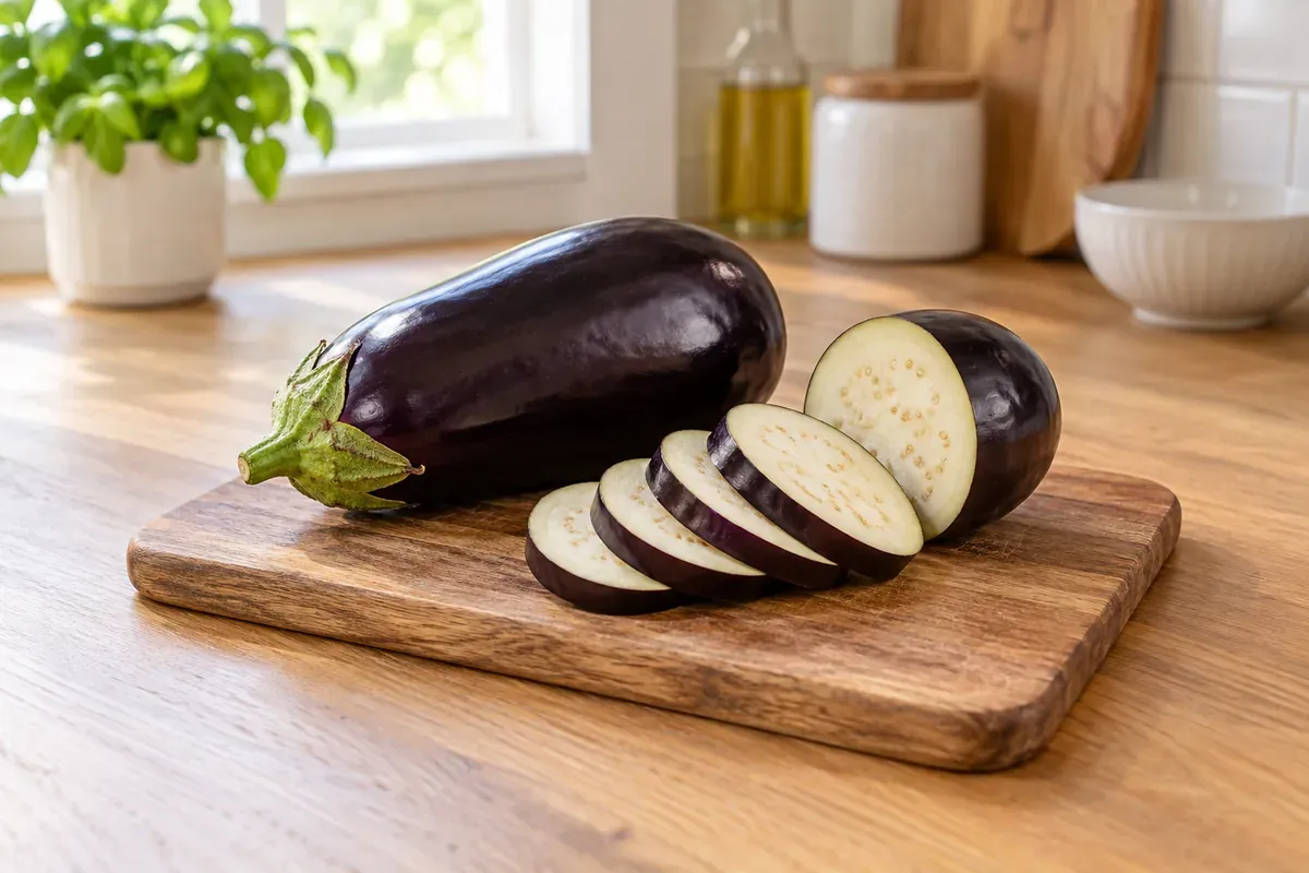 Two eggplants on a board, one cut into slices
