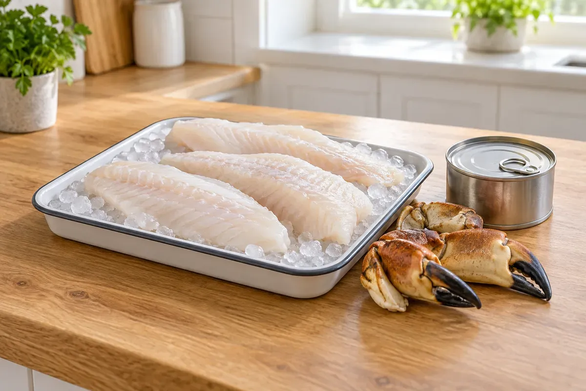White fish fillets on ice beside crab claws and an unlabeled can of tuna