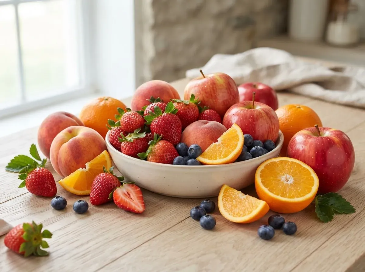 Apples, peaches, strawberries, oranges and blueberries on a kitchen table
