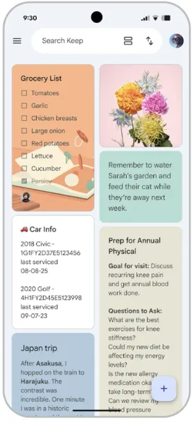 Google Keep’s home grid mixing a Grocery List checklist with other notes