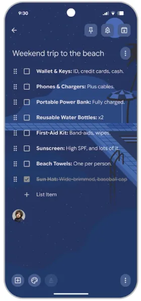 Google Keep checklist “Weekend trip to the beach” with items in typed order