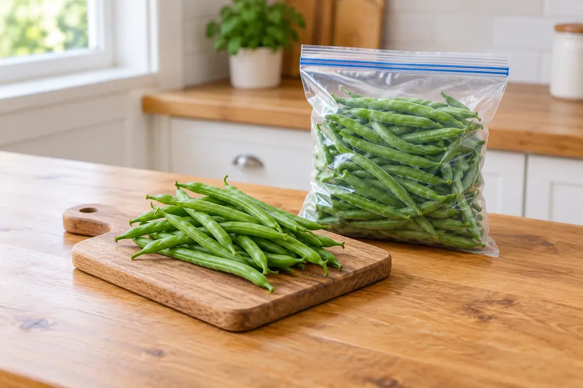 Fresh green beans on a board beside a freezer bag of green beans