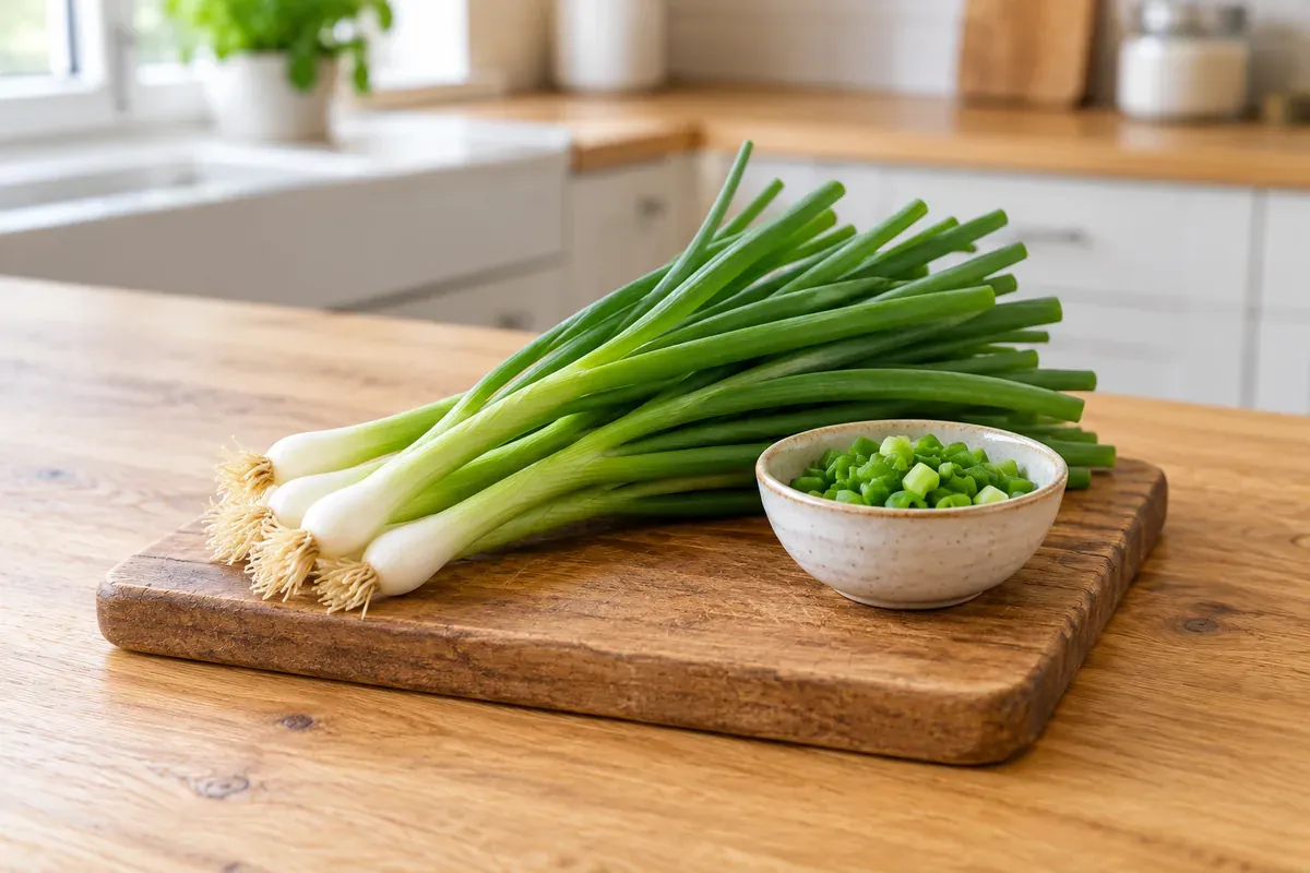 A bunch of green onions on a board beside a bowl of chopped green onions