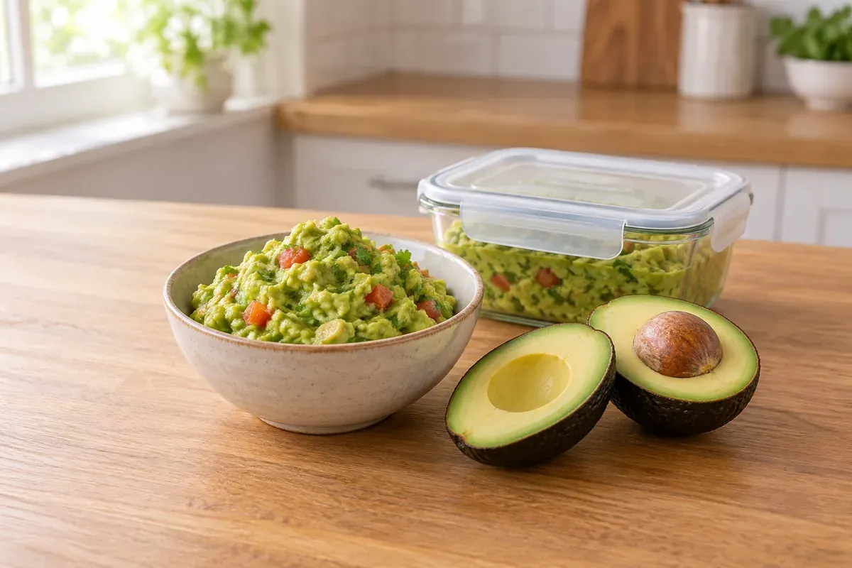 A bowl of guacamole beside a halved avocado and a glass container of guacamole