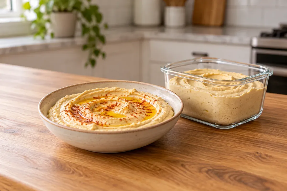 A bowl of hummus with paprika and olive oil beside a container of hummus