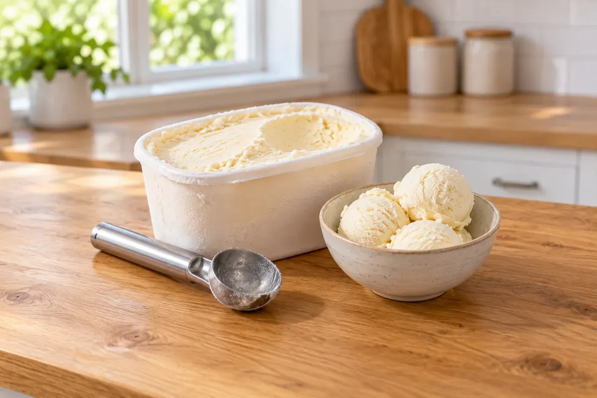 A tub of vanilla ice cream with a scoop beside a bowl of ice cream scoops