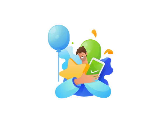 A person holding a phone and a gold star, with a balloon and confetti