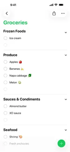 A Reminders grocery list auto-grouped into sections such as Produce and Seafood