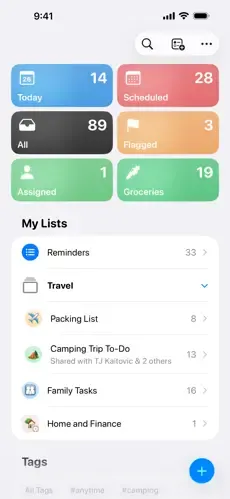 The Reminders app’s home screen with smart lists above My Lists