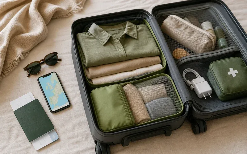 An open suitcase packed with clothes, a passport and a phone showing a map