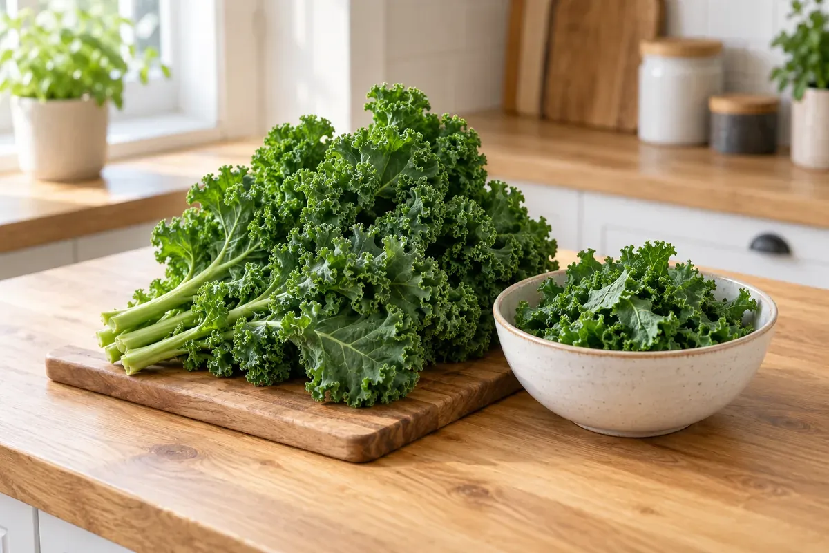 A bunch of kale on a board beside a bowl of torn kale leaves