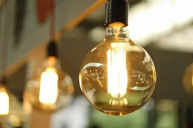 A row of warm filament bulbs hanging from the ceiling