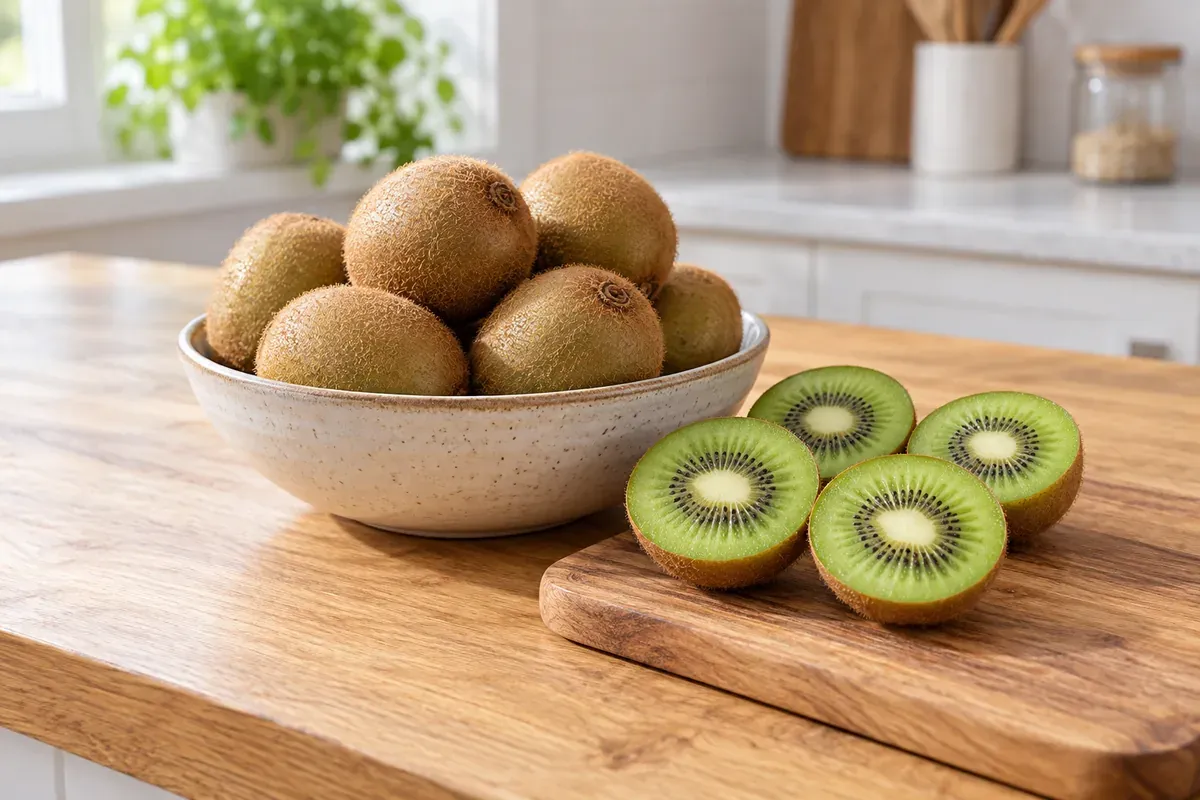 Whole kiwis in a bowl and two kiwis cut in half on a board