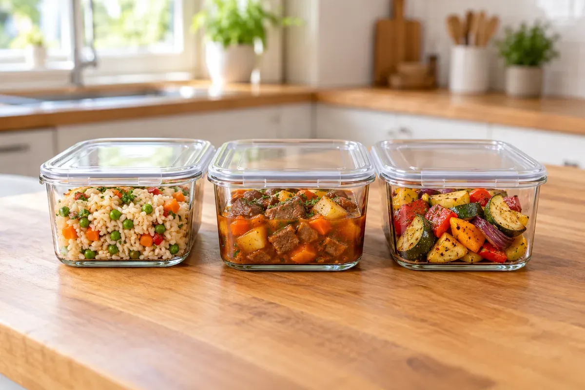 Three glass containers of leftover rice, stew, and roasted vegetables