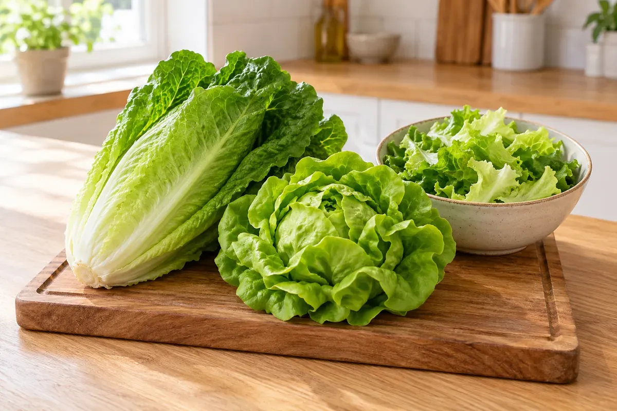 Romaine and butter lettuce on a board beside a bowl of lettuce leaves