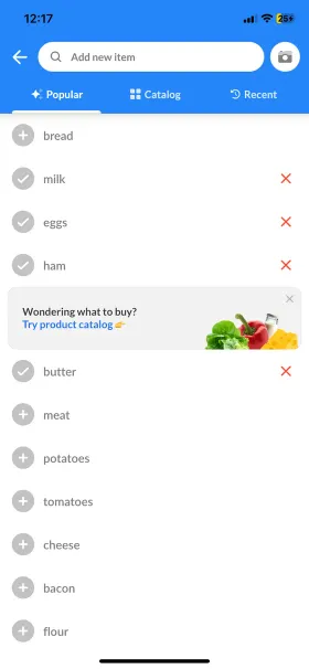 Listonic’s add-item screen with product suggestions under the search field