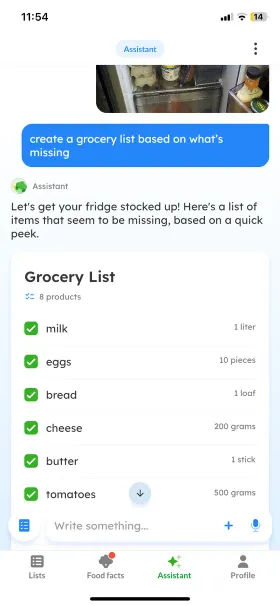 Listonic’s assistant turning a fridge photo into a grocery list of 8 products