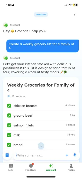 Listonic’s assistant creating a 25-product weekly grocery list for a family of 4