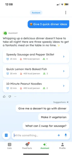 Listonic’s assistant suggesting 3 quick dinner ideas with time and calories