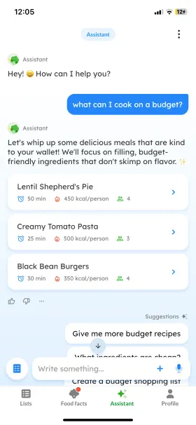 Listonic’s assistant answering “what can I cook on a budget?” with recipe ideas