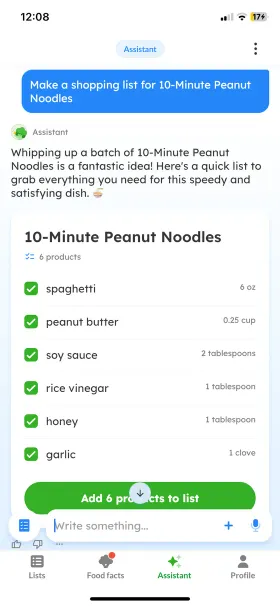 Listonic’s assistant builds a 6-product list for 10-Minute Peanut Noodles