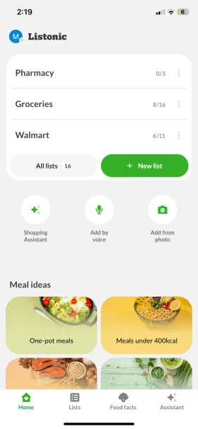 Listonic’s home screen with Pharmacy, Groceries and Walmart lists