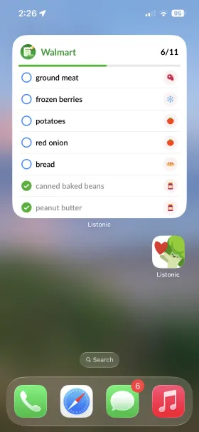 A Listonic home screen widget for a Walmart list, with 6 of 11 items checked off