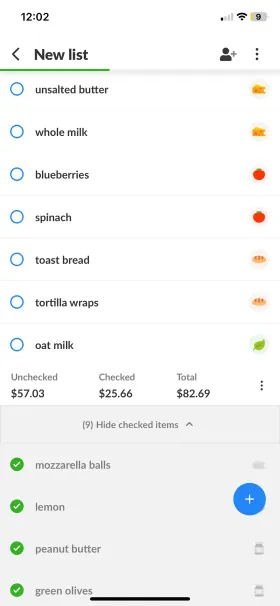 A Listonic shopping list with item prices and the list total at the bottom