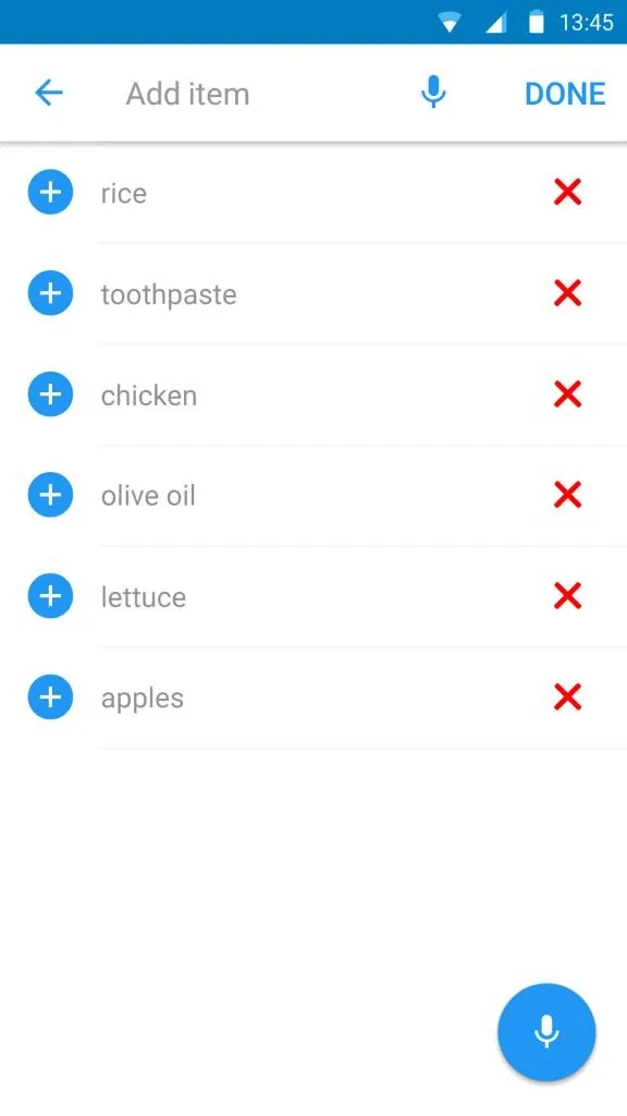 Item entry screen with a mic button and voice-added rice, toothpaste and chicken