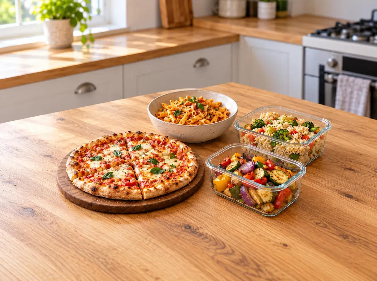 A pizza on a board, a bowl of pasta, and glass containers of leftovers