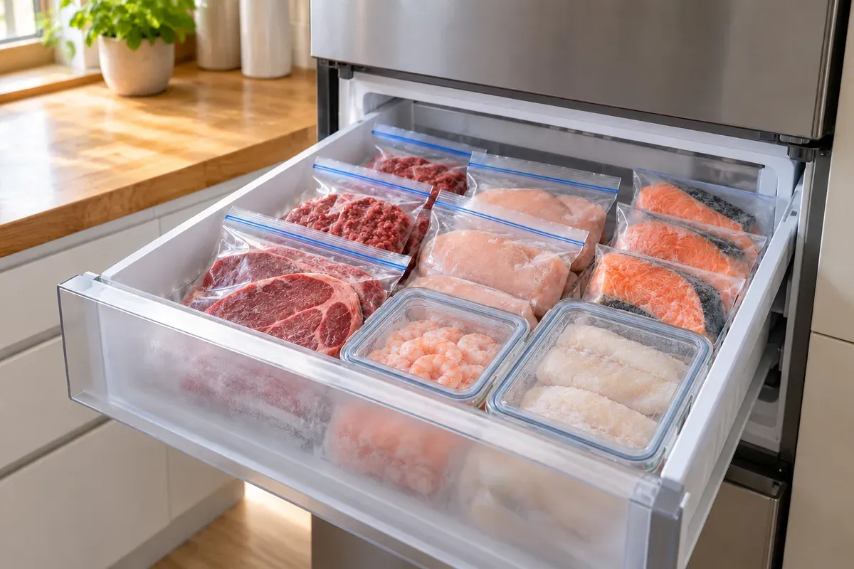 An open freezer drawer of meat, poultry, and fish in sealed bags and boxes
