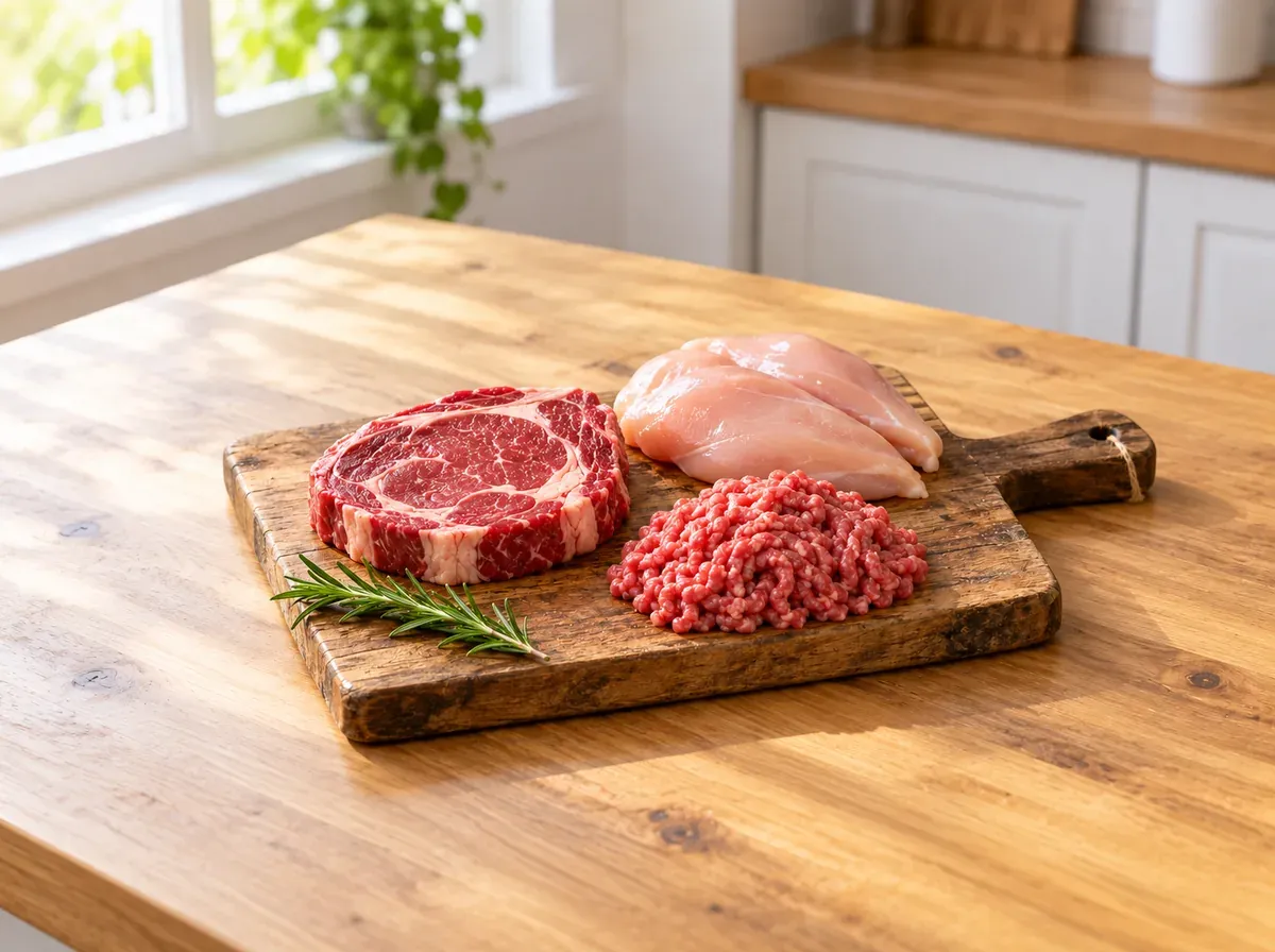 Raw steak, chicken breasts, and ground meat on a wooden board with rosemary