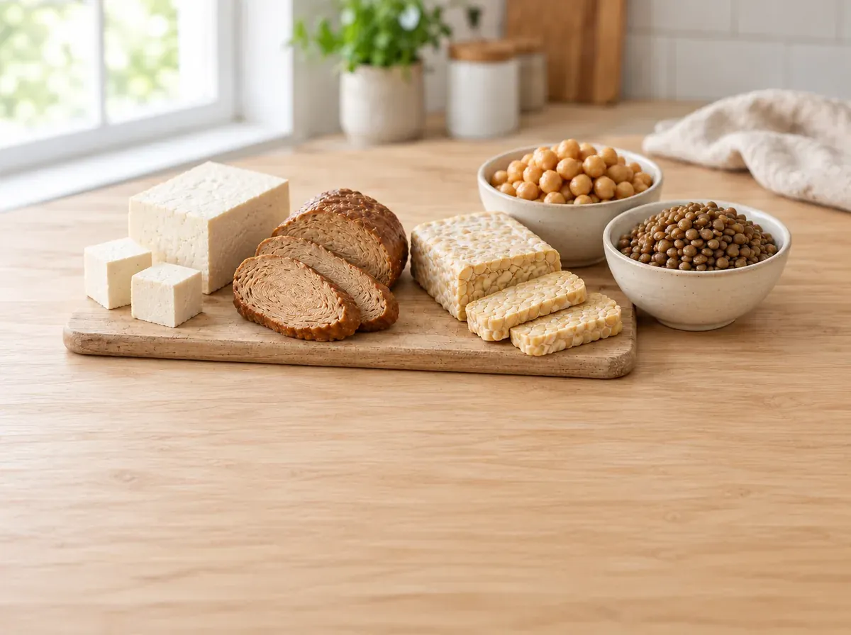 Tofu, seitan, tempeh, ciecierzyca i soczewica na drewnianej desce