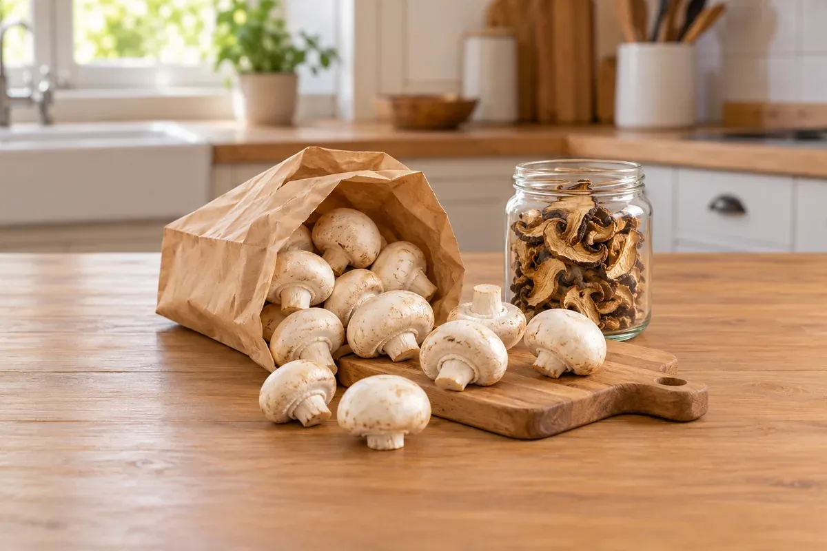 White mushrooms spilling from a paper bag beside a jar of dried mushrooms