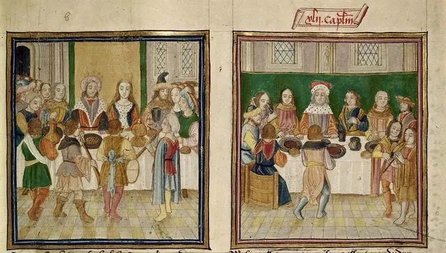 Two illuminated manuscript panels of servants bringing dishes to a crowned king