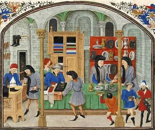An illuminated manuscript of a medieval market hall, merchants weighing goods