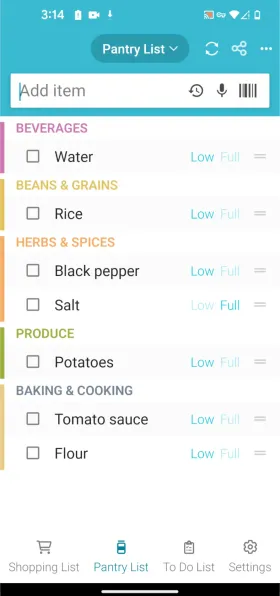 Out of Milk’s Pantry List grouped by category, with Low or Full stock status