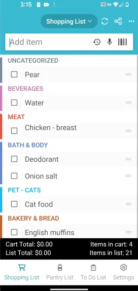 Out of Milk’s shopping list grouped into color-coded categories, with totals