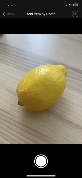 OurGroceries' Add Item by Photo screen, with the camera pointed at a lemon