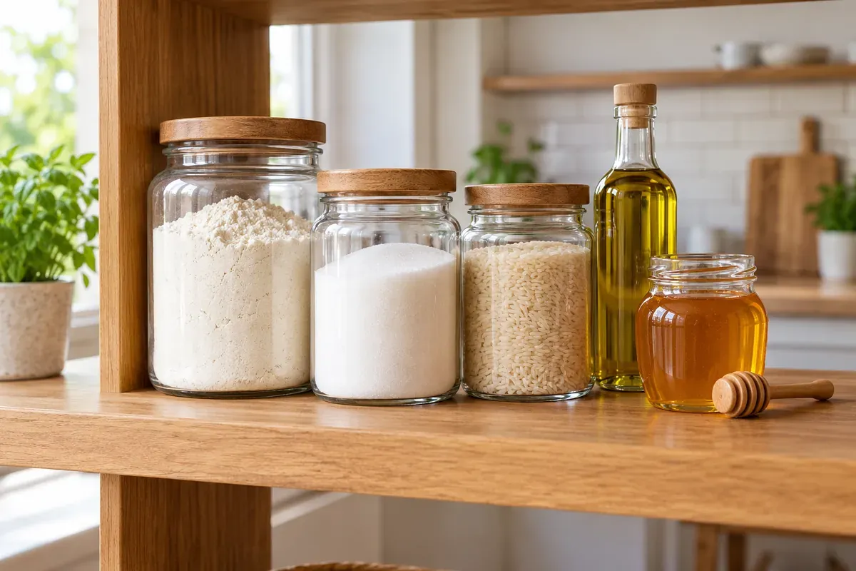 Jars of flour, sugar, and rice with olive oil and honey on a pantry shelf