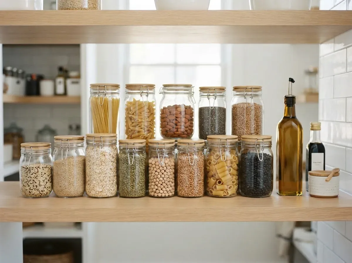 Glass jars of grains, pasta and lentils beside olive oil on a shelf