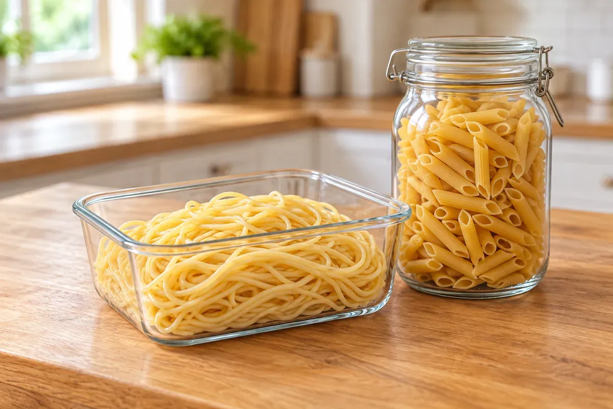 Cooked spaghetti in a glass container beside a jar of dry penne