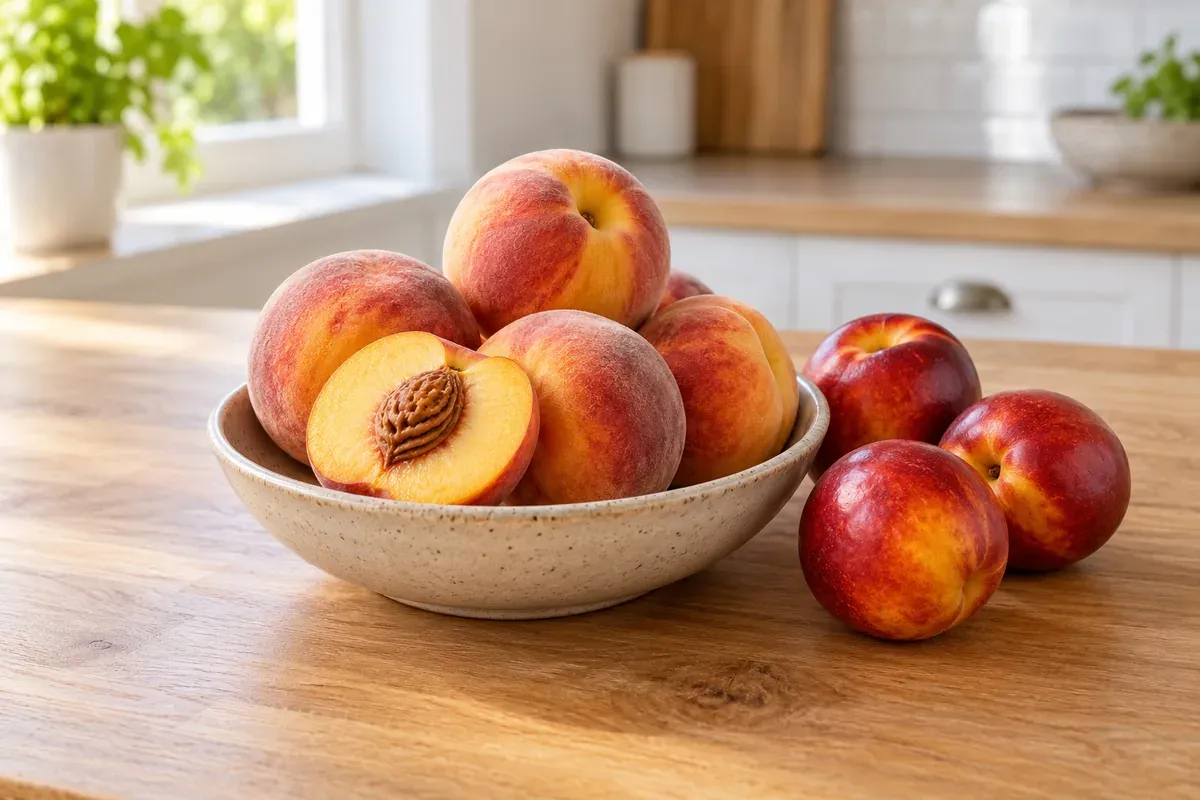 Peaches in a shallow bowl, one halved with its pit, beside nectarines
