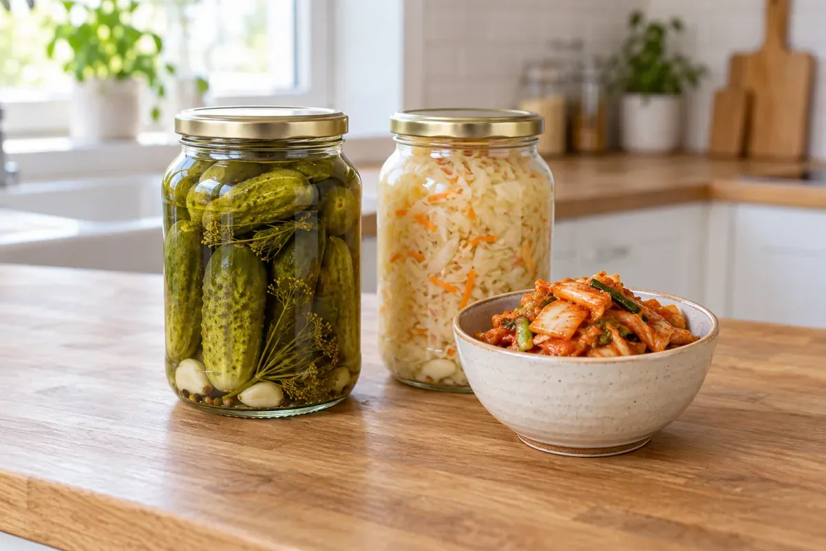 A jar of pickles beside a jar of sauerkraut and a small bowl of kimchi
