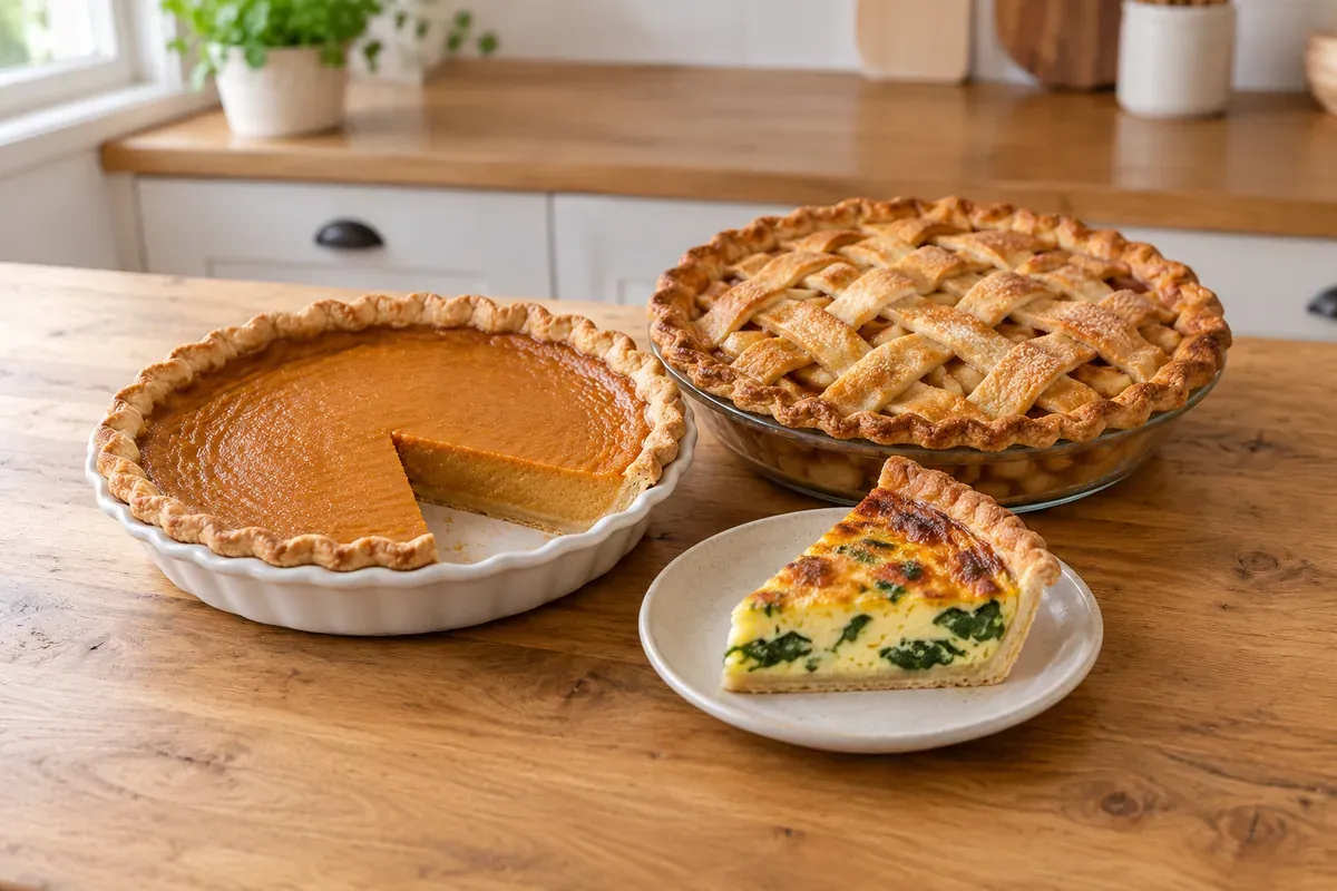A pumpkin pie with a slice cut out, a lattice apple pie, and a slice of quiche