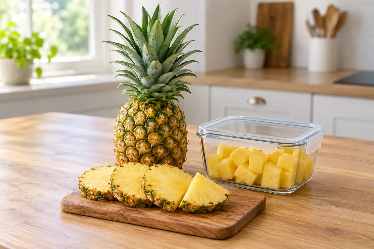 A whole pineapple and slices on a board beside a container of pineapple chunks