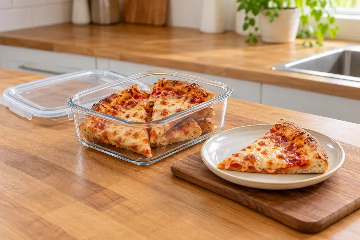 Slices of pizza in a glass container beside a slice on a plate
