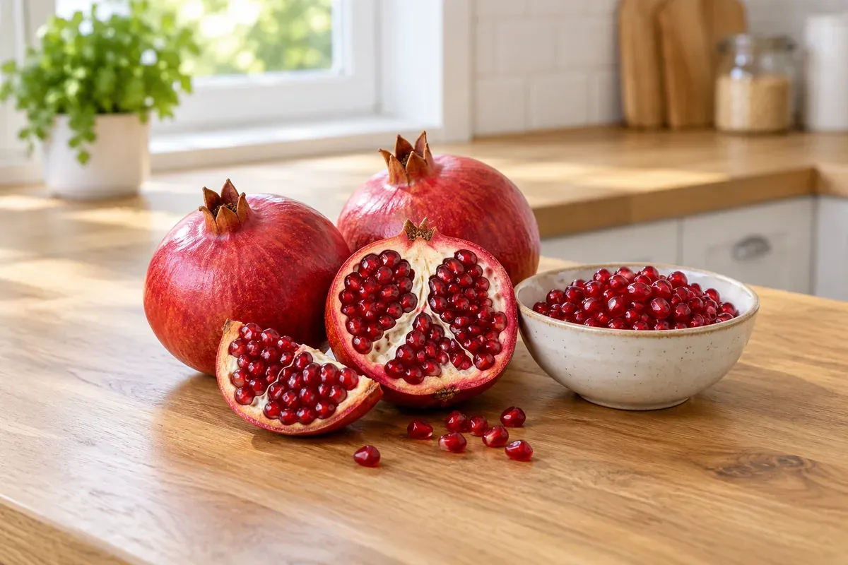 Pomegranates, one broken open to show the seeds, beside a bowl of seeds