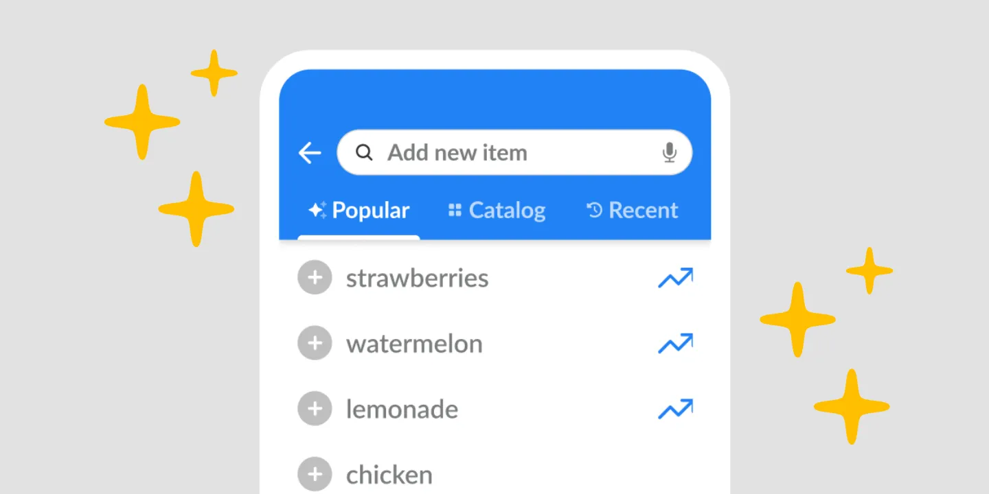 The Listonic add-item screen on the Popular tab, showing suggestions
